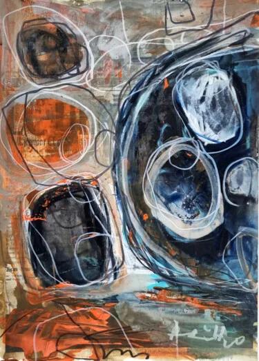 Fiery Orange and Blue Abstract, Acrylic, 2024, 21.00 × 30.00 cm