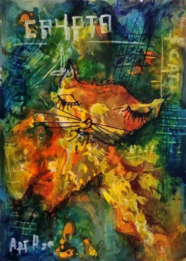 Neon Green Cat in a Digital Dream, Acrylic, 2024, 21.00 × 30.00 cm