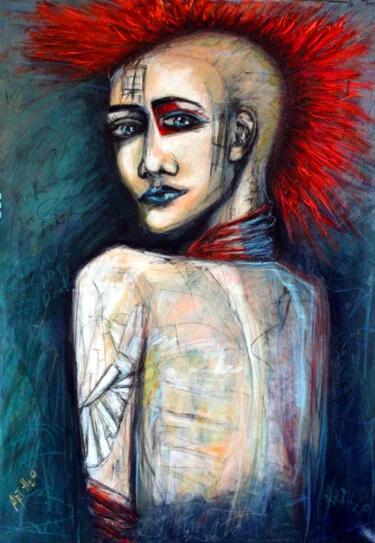 Fiery Red Punk Portrait, Acrylic, 2023, 65.00 × 90.00 cm