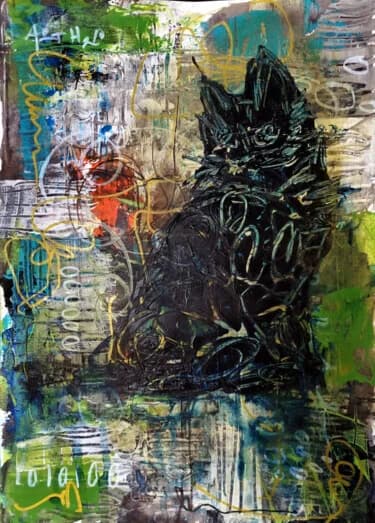 Black Cat with Green Accents on Paper, Acrylic, 2026, 29.7 × 42 cm