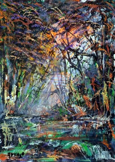 Lively Green and Orange Landscape on Paper, Acrylic, 2026, 29.7 × 42 cm