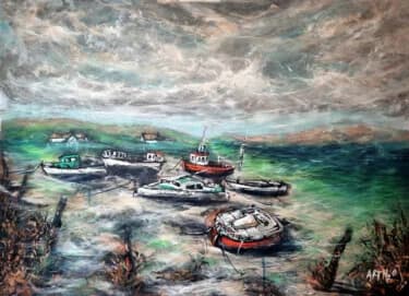 Emerald and Ivory Fishing Boats in Murrisk, Acrylic, 2026, 87 × 65 cm