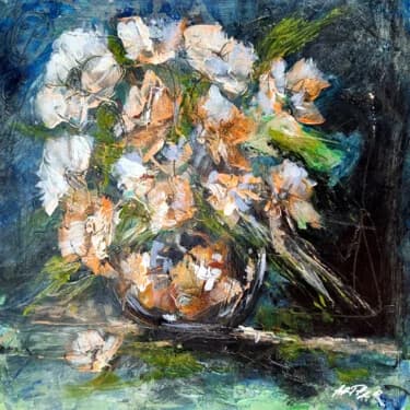 Cream Blooms on Deep Blue Background, Acrylic, 2026, 30 × 30 cm