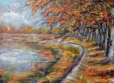 Golden Orange Autumn Landscape on Linen Canvas, Acrylic, 2026, 90 × 65 cm