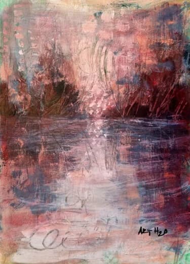 Crimson and Teal Reflection on Paper, Acrylic, 2026, 29 × 42 cm