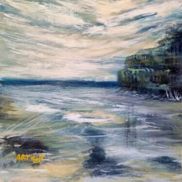 Teal and Jade Coastal Scene on Linen Canvas, Acrylic, 2026, 30 × 30 cm