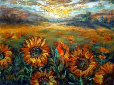 Golden Orange Sunflowers in a Sunrise Glow, Acrylic, 2026, 87 × 65 cm