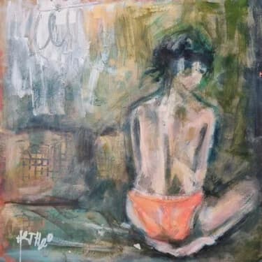 Muted Green and Orange Figurative Art, Acrylic, 2026, 30 × 30 cm