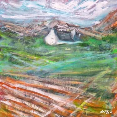 Emerald Green Landscape with Rustic Cottage, Acrylic, 2026, 30 × 30 cm