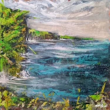 Emerald and Turquoise Seascape on Paper, Acrylic, 2026, 30 × 30 cm
