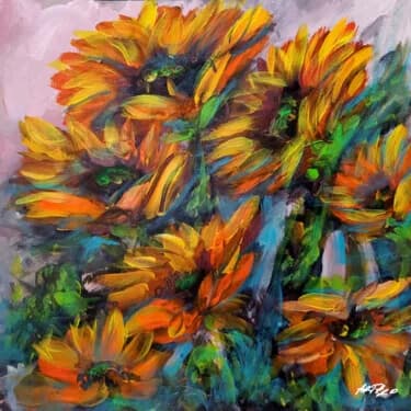 Fiery Orange and Yellow Sunflower on Paper, Acrylic, 2026, 30 × 30 cm
