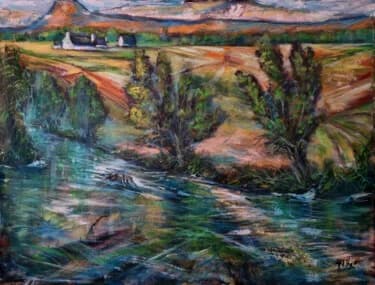 Emerald and Ochre Irish Landscape on Linen Canvas, Acrylic, 2026, 87 × 65 cm