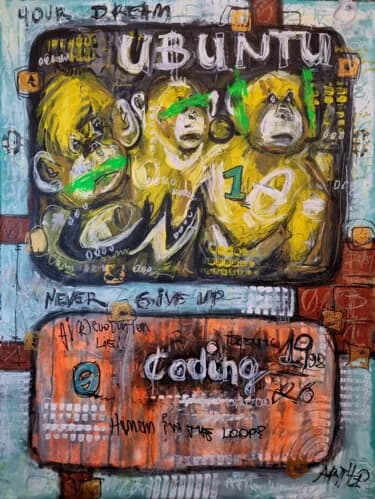 Vivid Yellow Monkeys on Linen Canvas, Acrylic, 2026, 65 × 87 cm