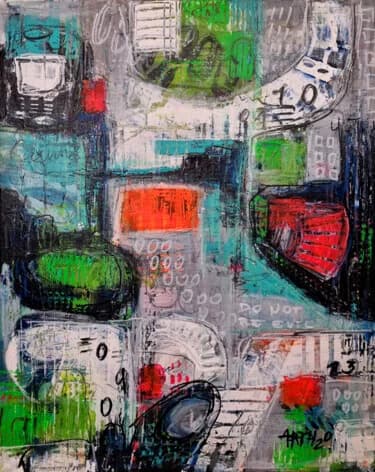 Bold Red and Green Abstract on Linen Canvas, Acrylic, 2026, 40 × 50 cm