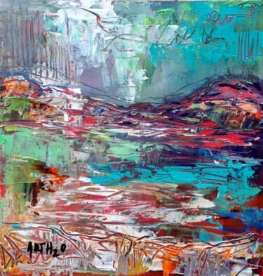 Turquoise and Crimson Irish Landscape, Acrylic, 2026, 30 × 30 cm