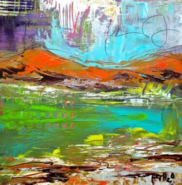 Turquoise and Orange Acrylic on Paper Landscape, Acrylic, 2026, 30 × 30 cm