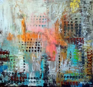 Layered Teal and Orange Urban Abstract, Acrylic, 2026, 43 × 43 cm