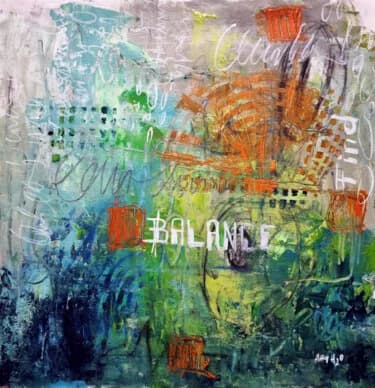 Green and Orange Balance on Linen Canvas, Acrylic, 2026, 43 × 43 cm