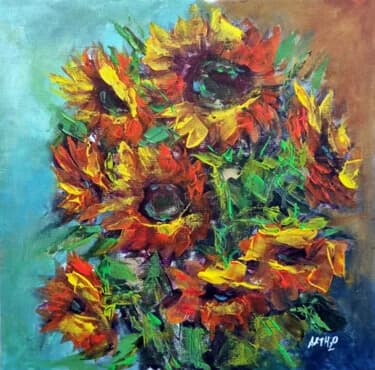 Golden Yellow Sunflowers in Acrylic, Acrylic, 2026, 43 × 43 cm