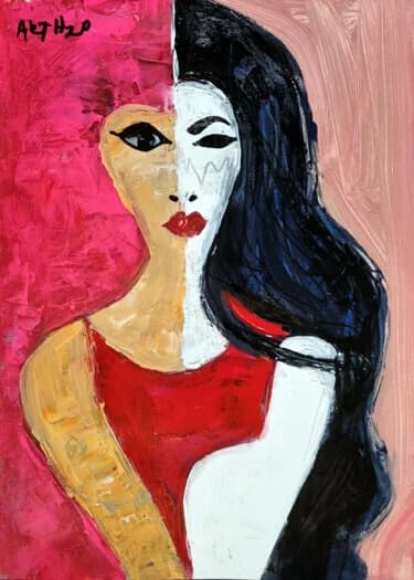 Crimson and Blush Portrait on Paper, Acrylic, 2026, 29.7 × 42 cm