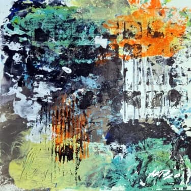 Emerald and Burnt Orange Abstract on Paper, Acrylic, 2026, 20 × 20 cm