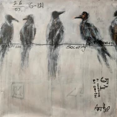 Gray and Black Ink Birds on Canvas, Ink, 2026, 60 × 60 cm
