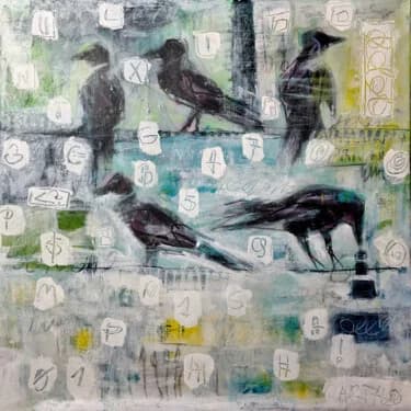 Muted Gray and Yellow Crow Abstract, Acrylic, 2026, 60 × 60 cm