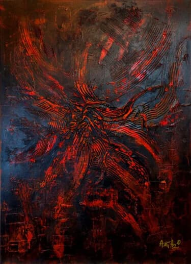 Crimson and Black Abstract on Linen Canvas, Acrylic, 2026, 65 × 90 cm
