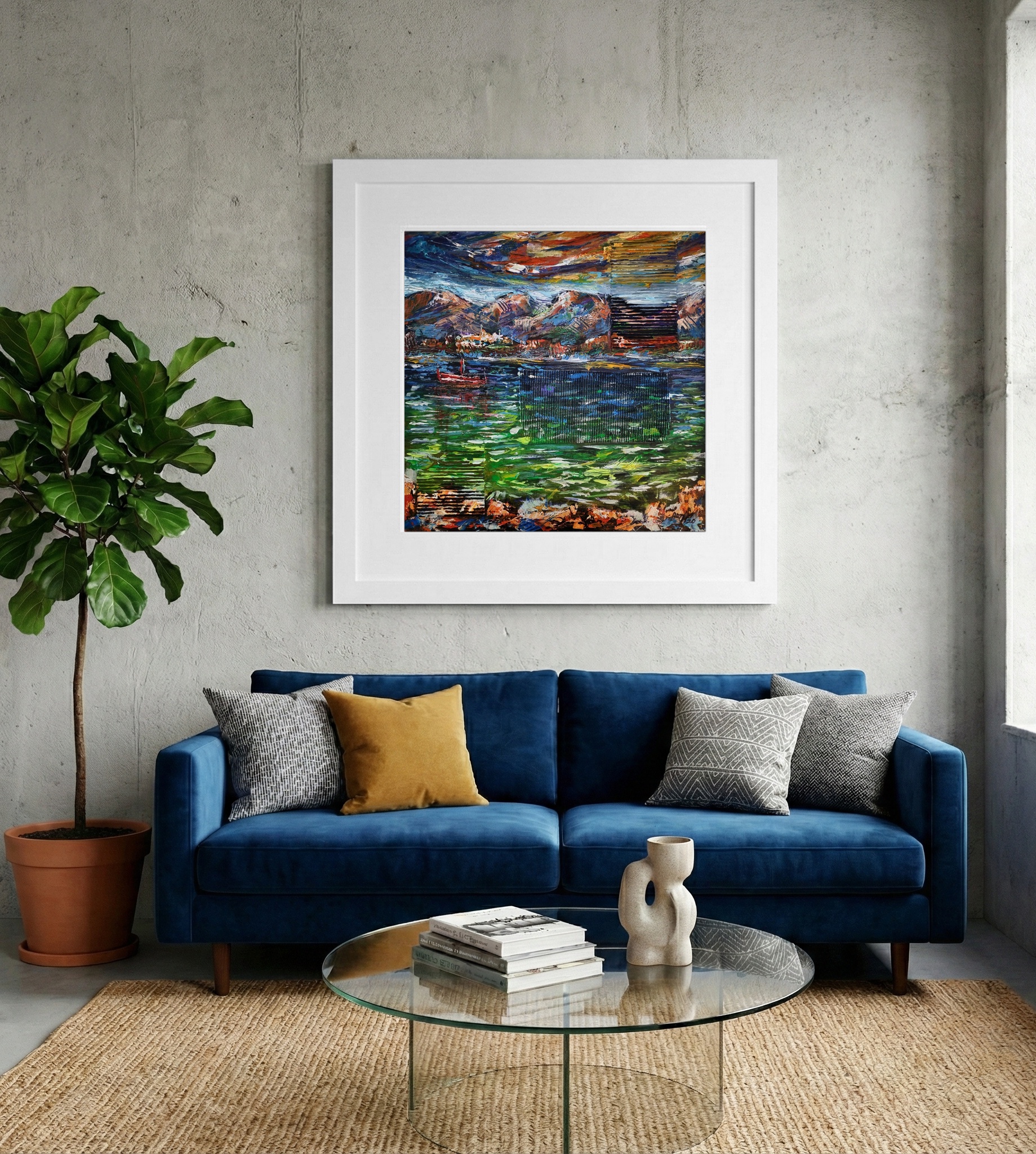 Teal and Ochre Irish Seascape — art on the wall, room interior preview 2