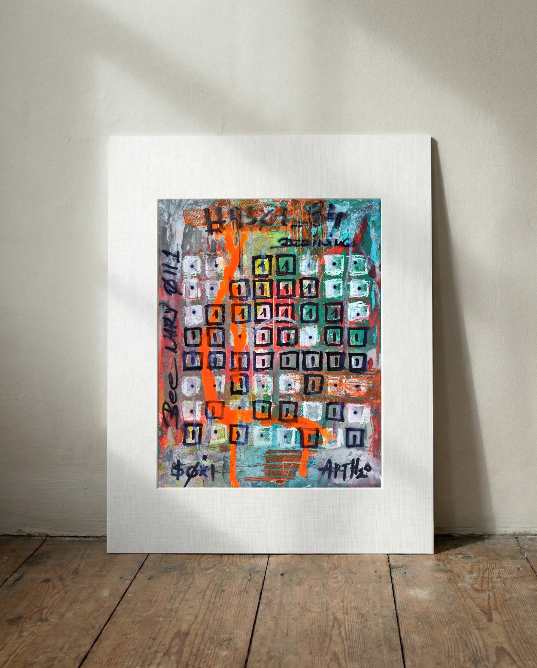 Fluorescent Orange and Black Grid — art on the wall, room interior preview 2