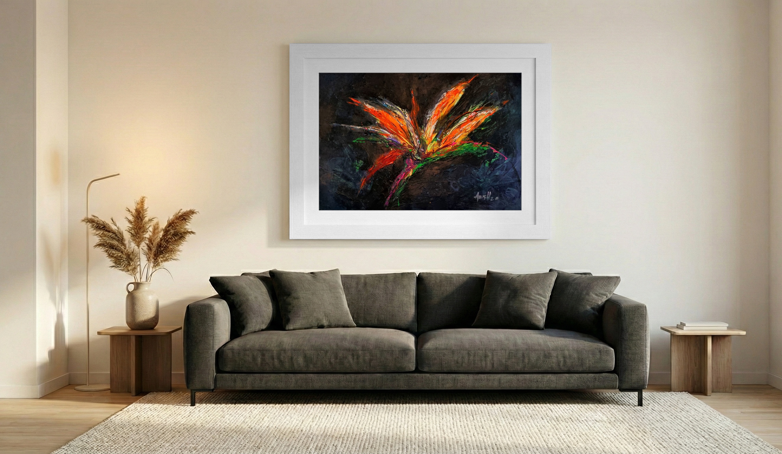 Strelitzia Flower in Darkness — art on the wall, room interior preview 2