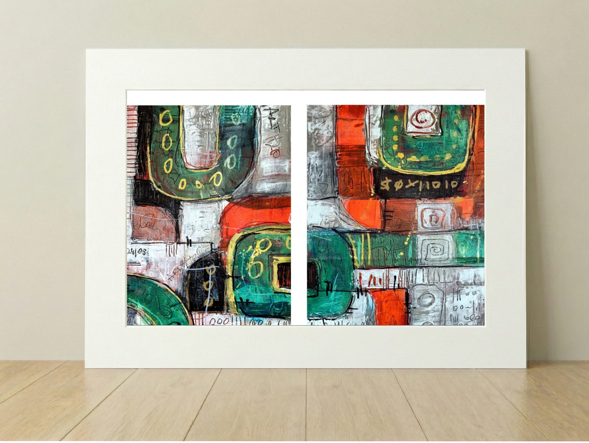 Emerald Teal and Rust Urban Circuitry Diptych — art on the wall, room interior preview 1