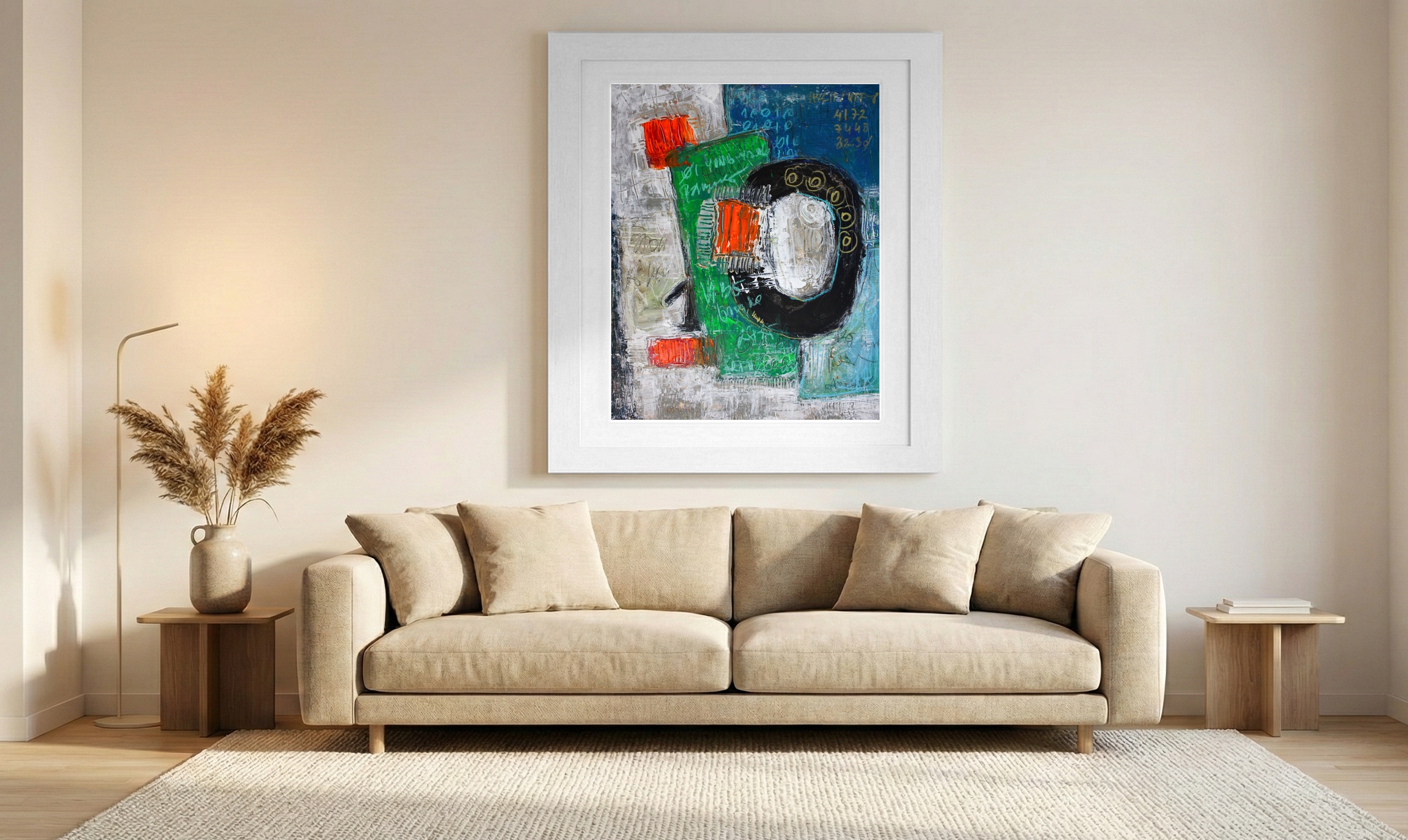 Gritty Green and Grey Binary Yin-Yang Diptych — art on the wall, room interior preview 1