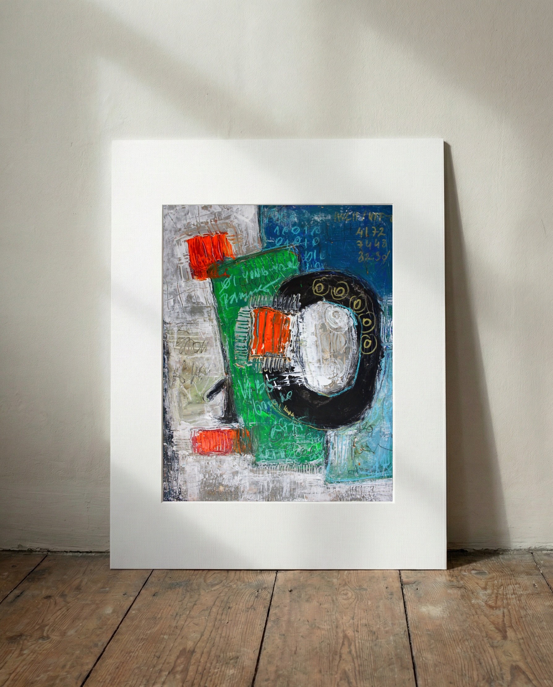 Gritty Green and Grey Binary Yin-Yang Diptych — art on the wall, room interior preview 2