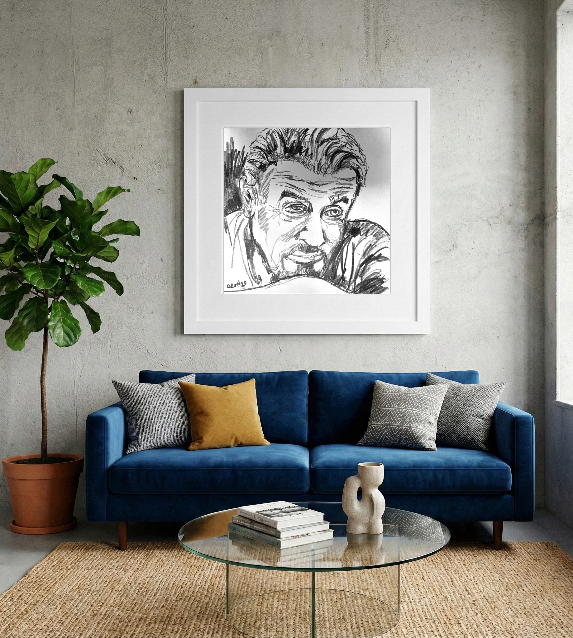 Raw Pencil Portrait Study of Stallone — art on the wall, room interior preview 2