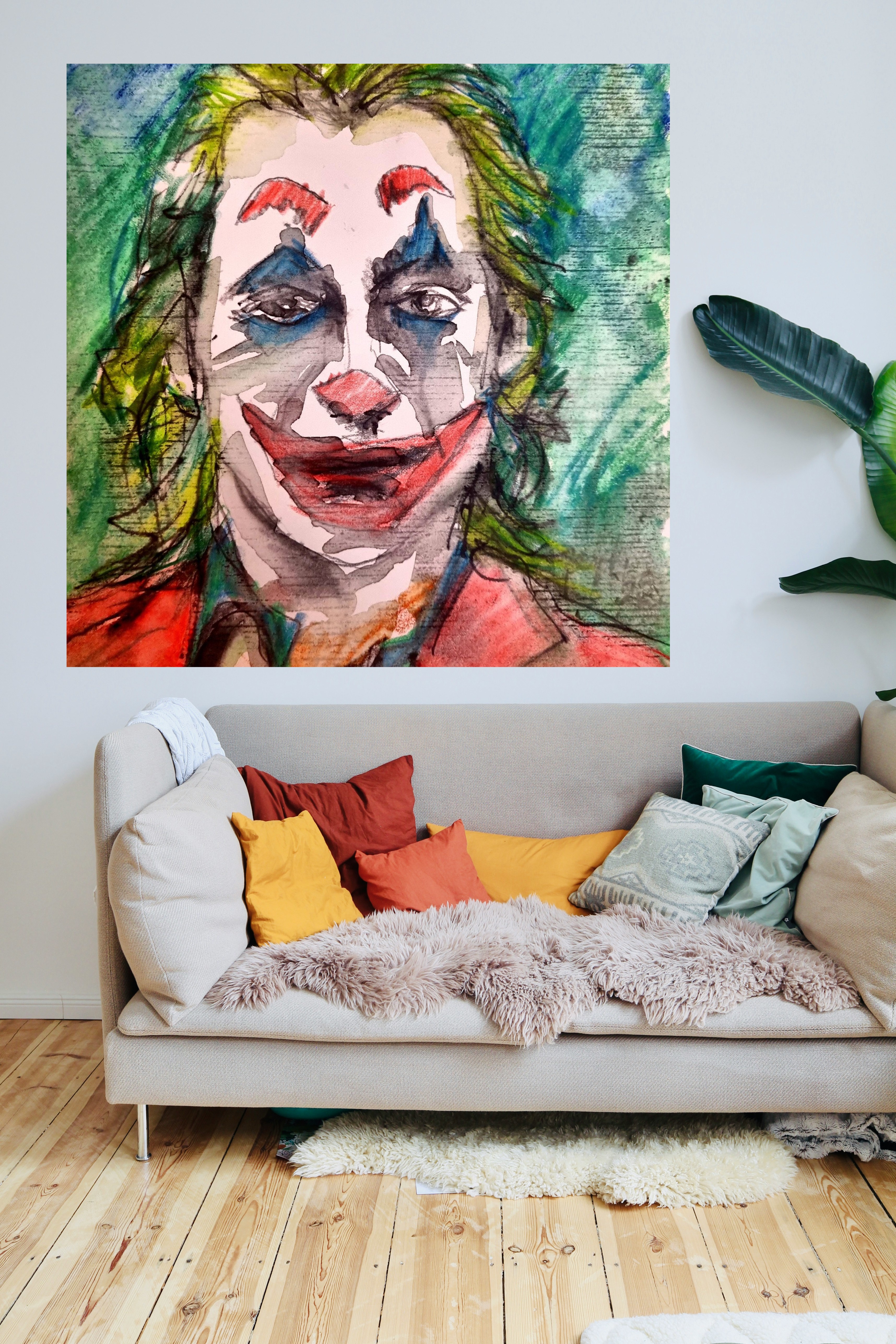Vibrant Joker Aquarelle Portrait — art on the wall, room interior preview 1