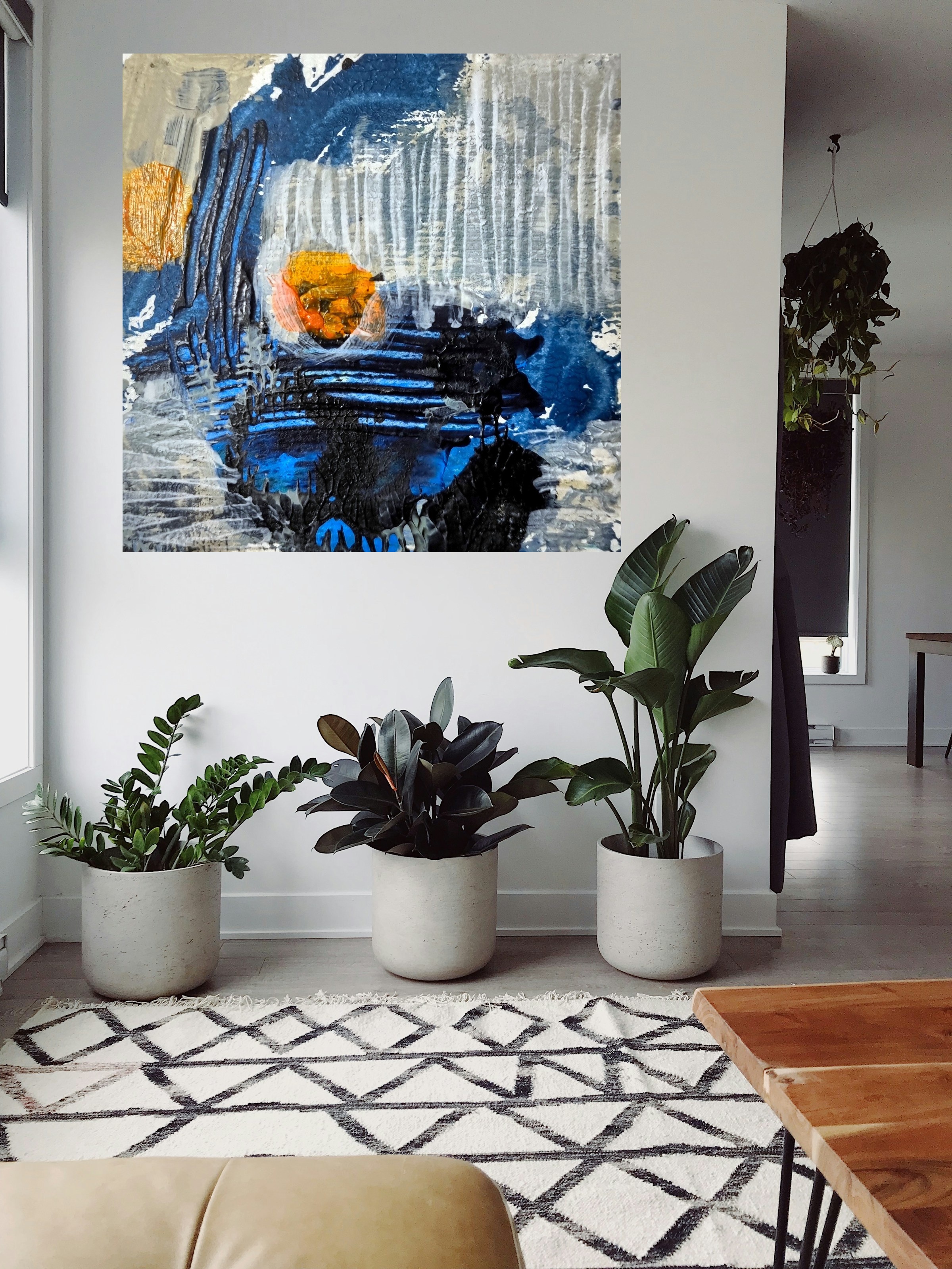 Amber and Indigo Miniature Abstract — art on the wall, room interior preview 1