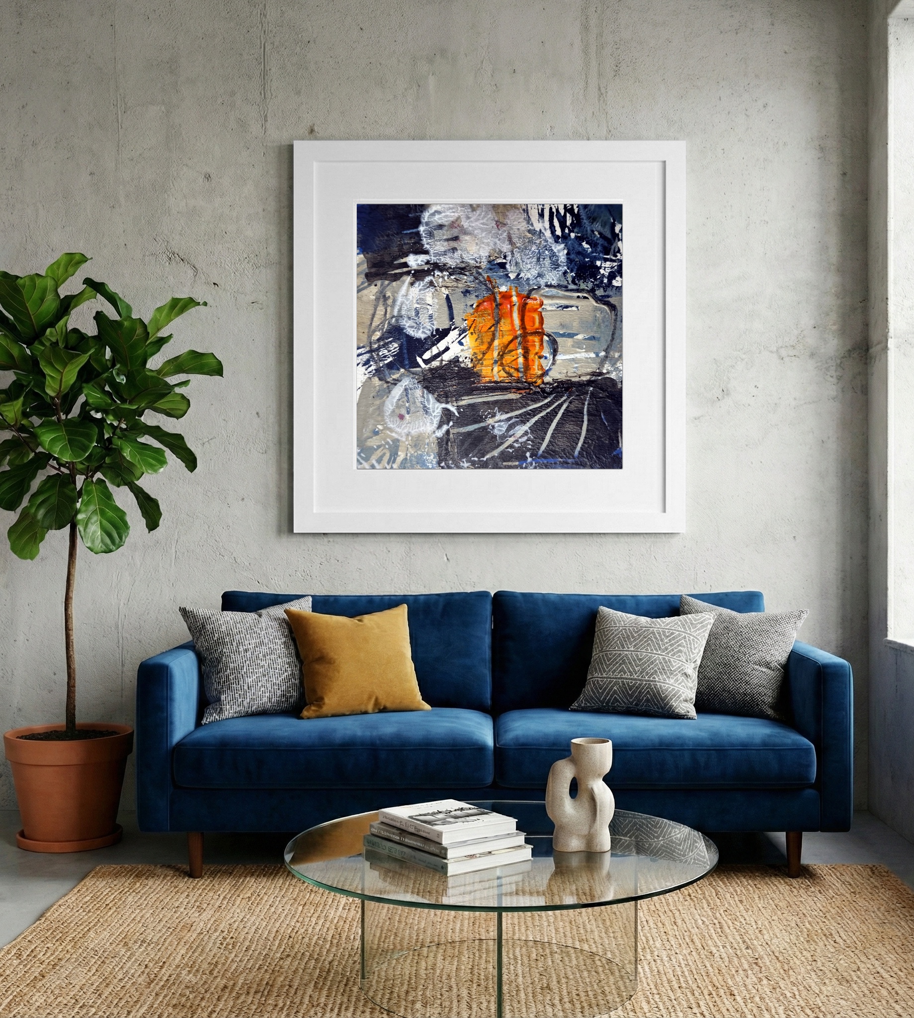 Fiery Orange and Indigo Graffiti Abstract — art on the wall, room interior preview 2