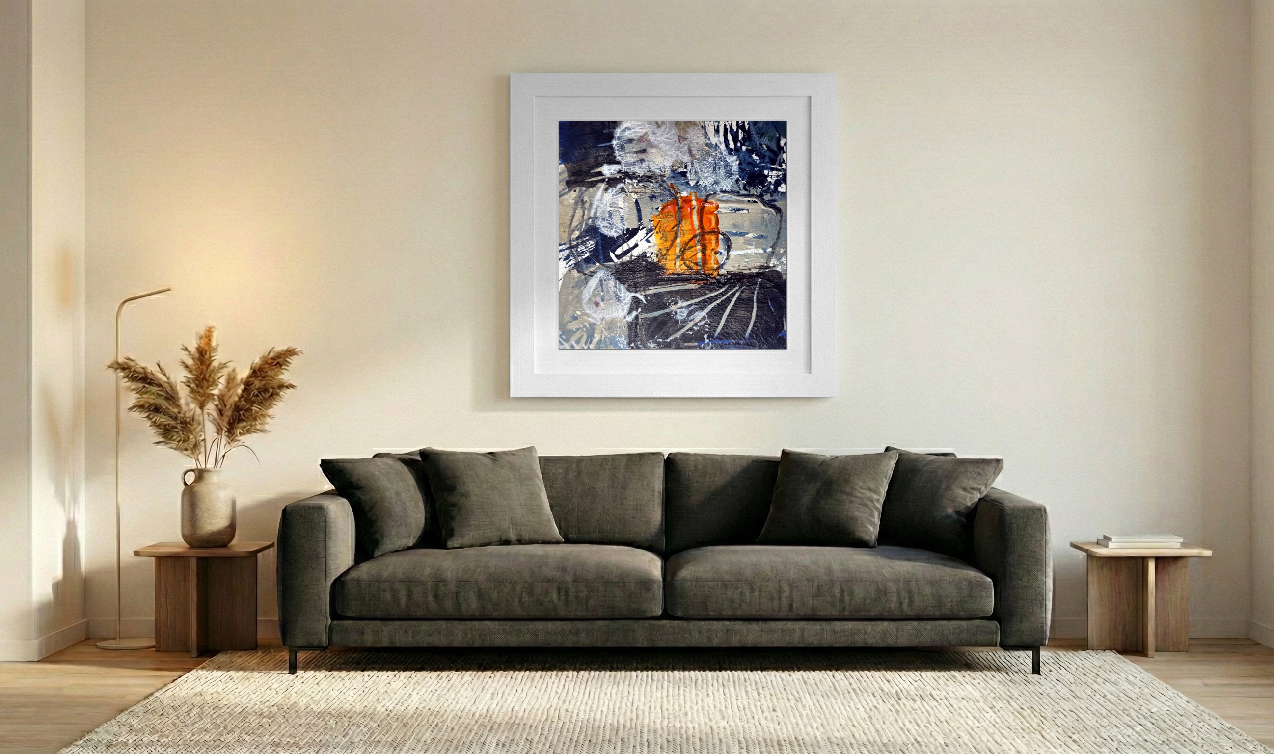 Fiery Orange and Indigo Graffiti Abstract — art on the wall, room interior preview 3