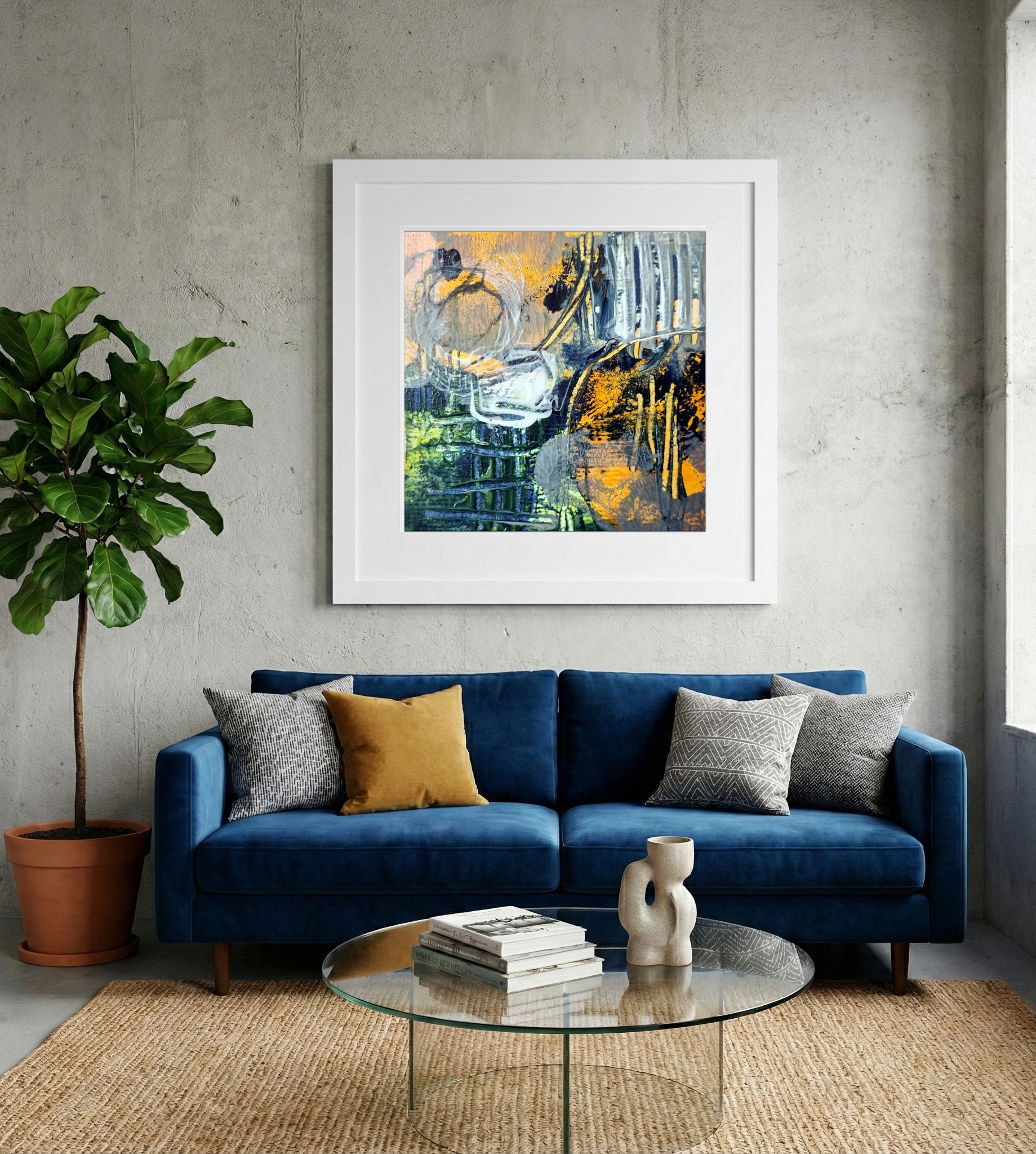 Emerald Green and Ochre Textured Abstract — art on the wall, room interior preview 2