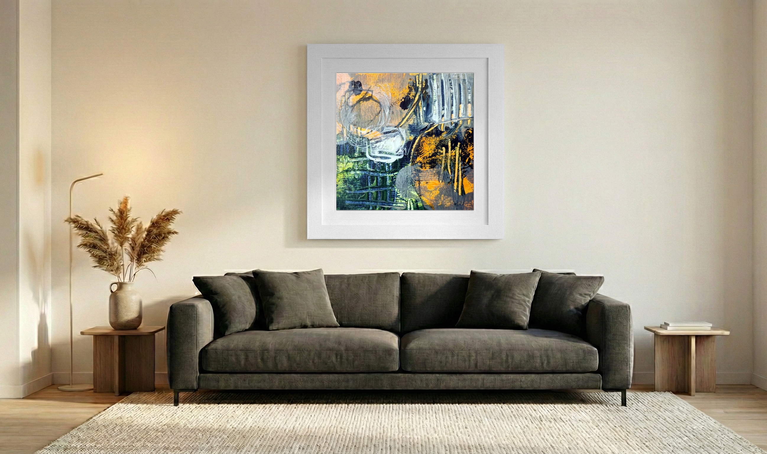 Emerald Green and Ochre Textured Abstract — art on the wall, room interior preview 3