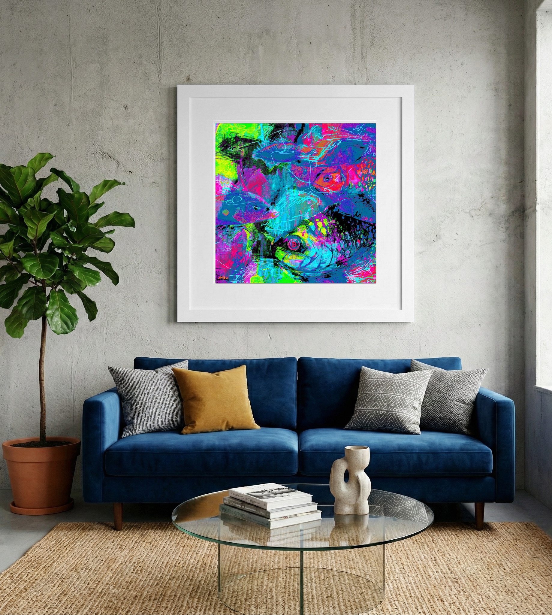 Neon Blue and Pink Fish Amidst Turbulent Sea — art on the wall, room interior preview 2