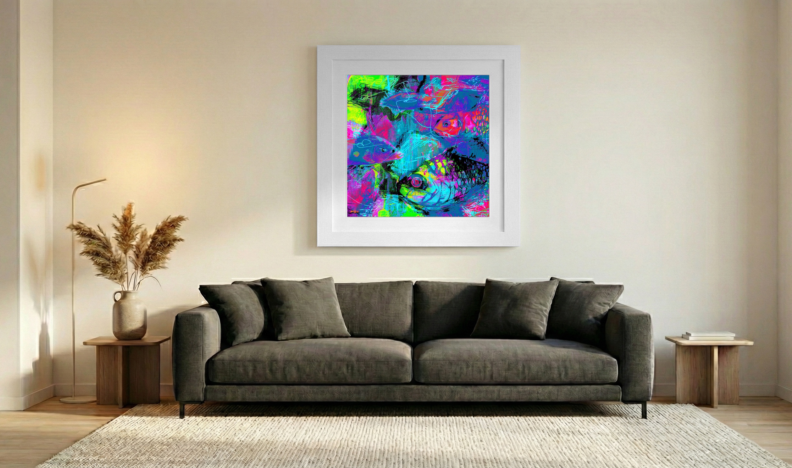 Neon Blue and Pink Fish Amidst Turbulent Sea — art on the wall, room interior preview 3