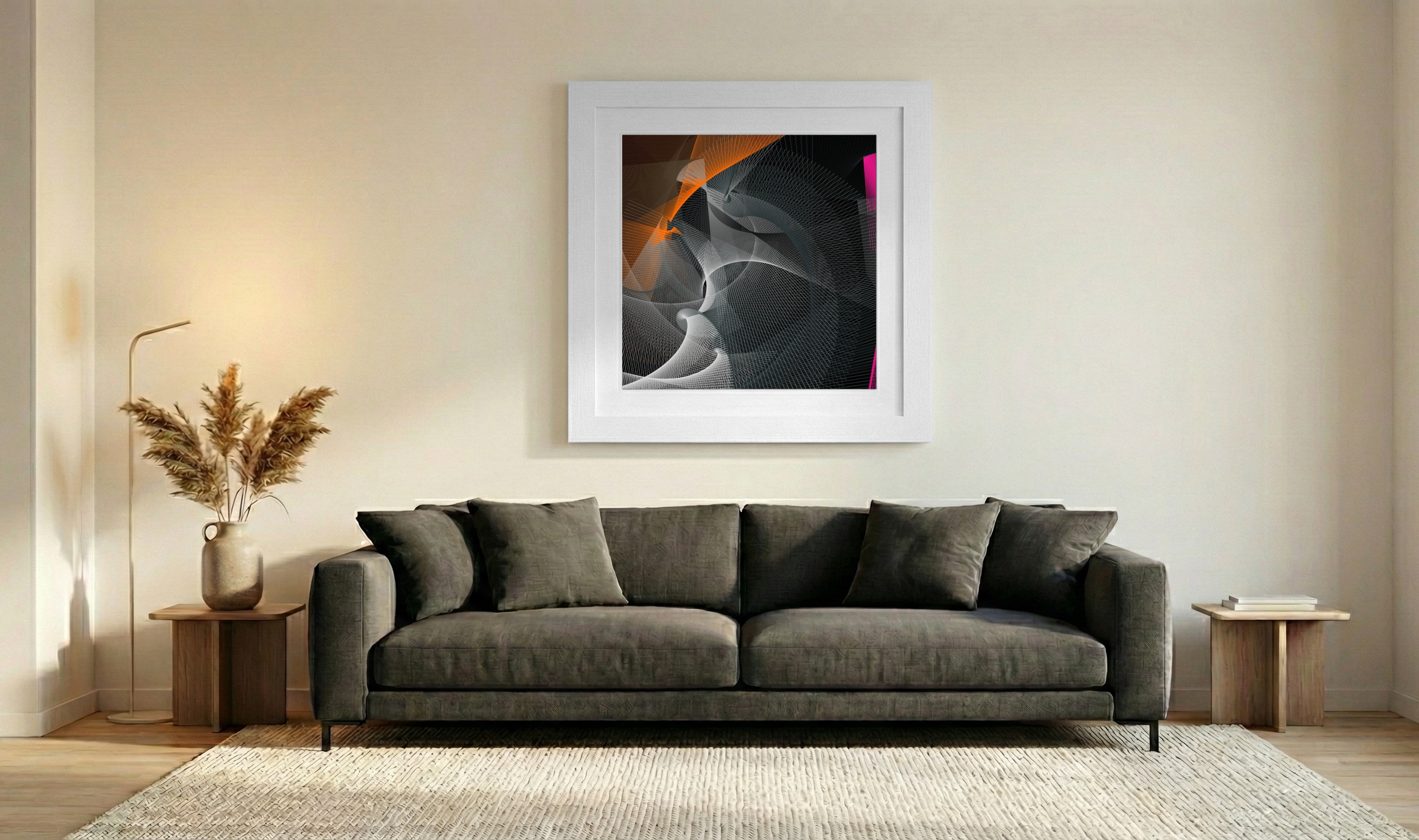 Black and White Generative Swirls with Warm Accents — art on the wall, room interior preview 3