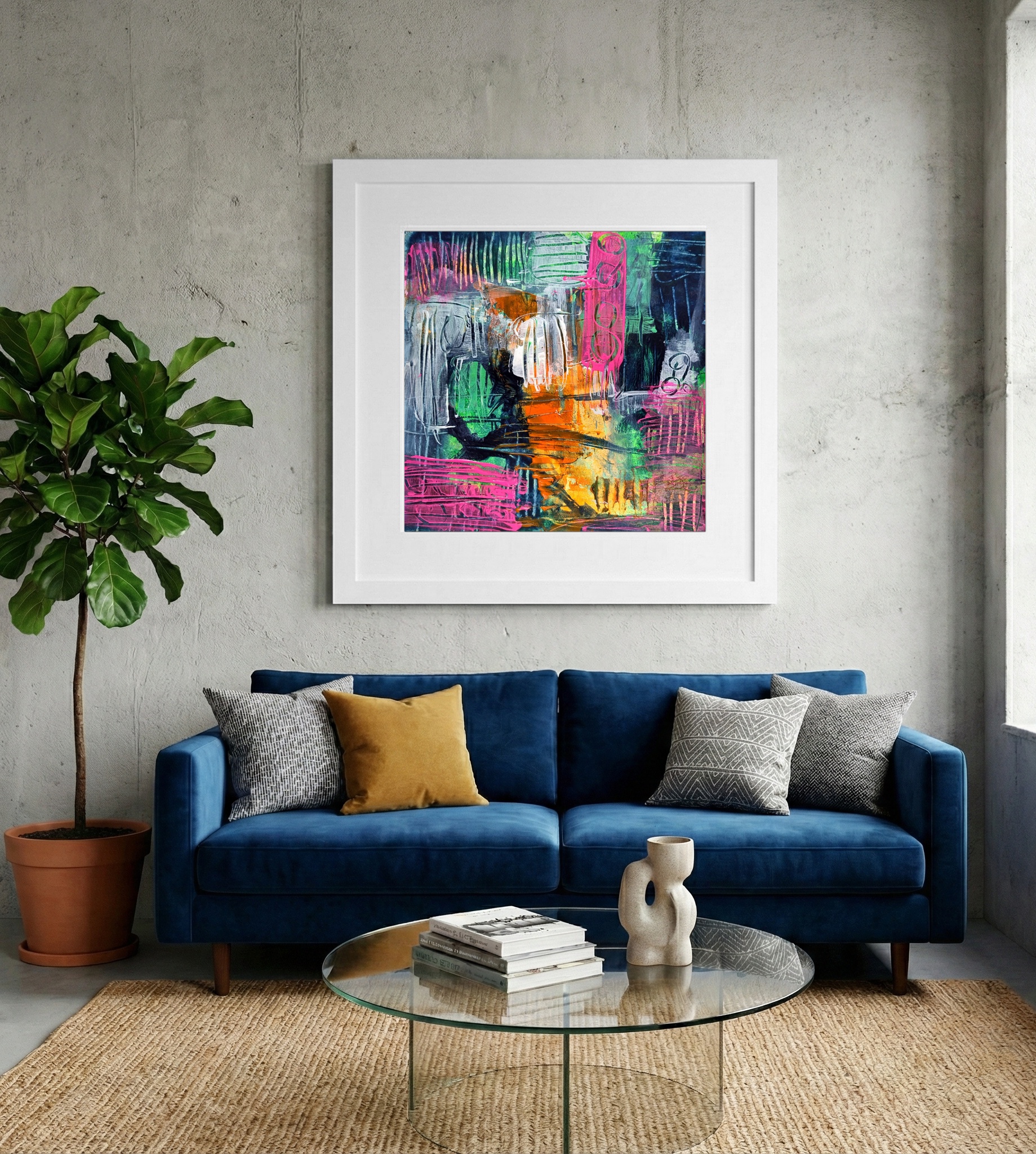 Fiery Orange and Cool Teals Abstract — art on the wall, room interior preview 2