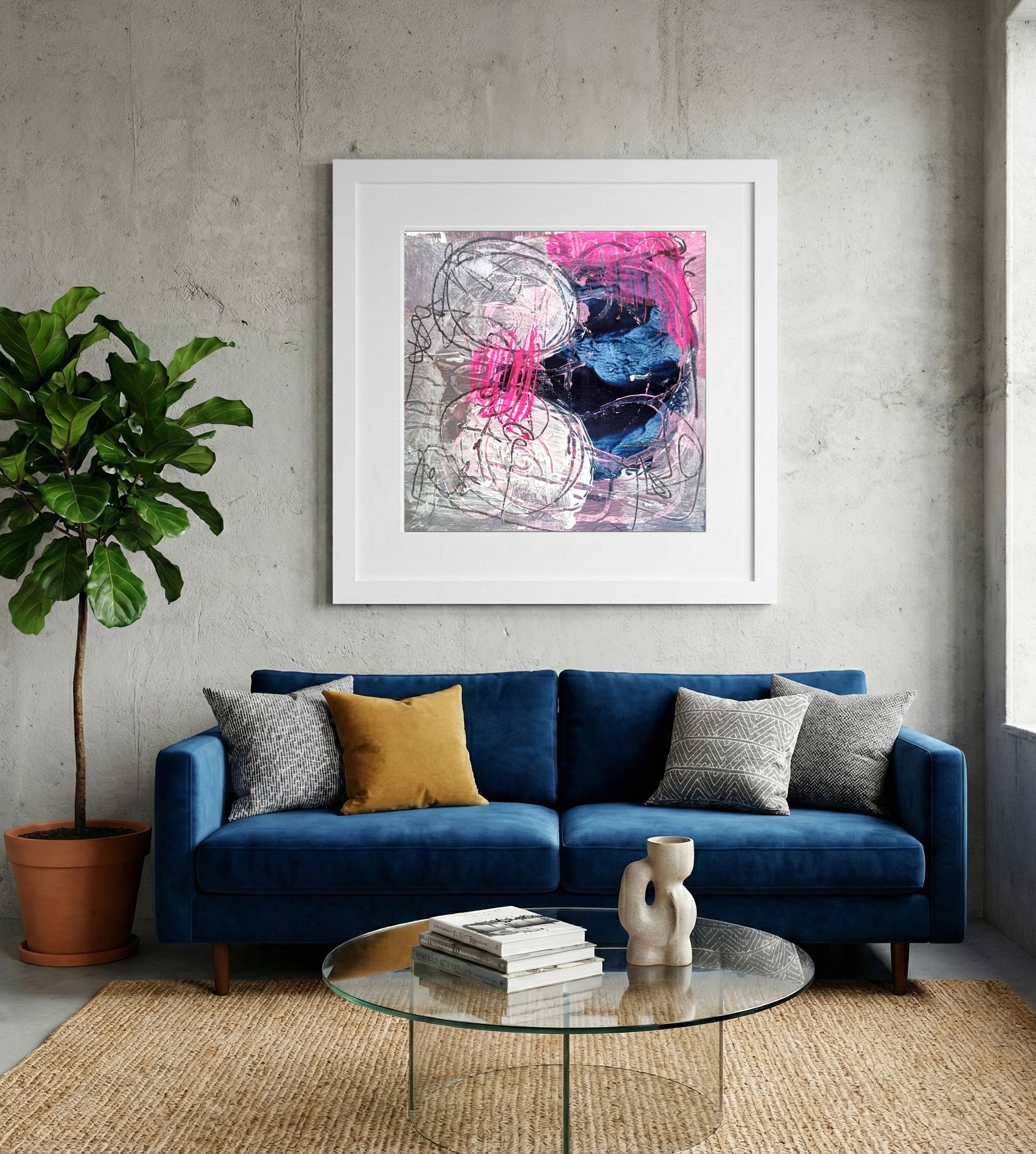 Midnight Blue and Scraped White Shapes — art on the wall, room interior preview 2