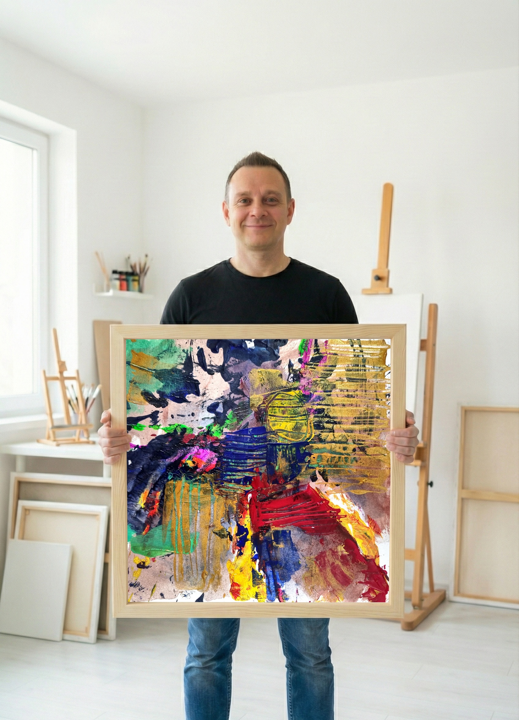 Red, Blue, and Gold Textured Abstract — art on the wall, room interior preview 2