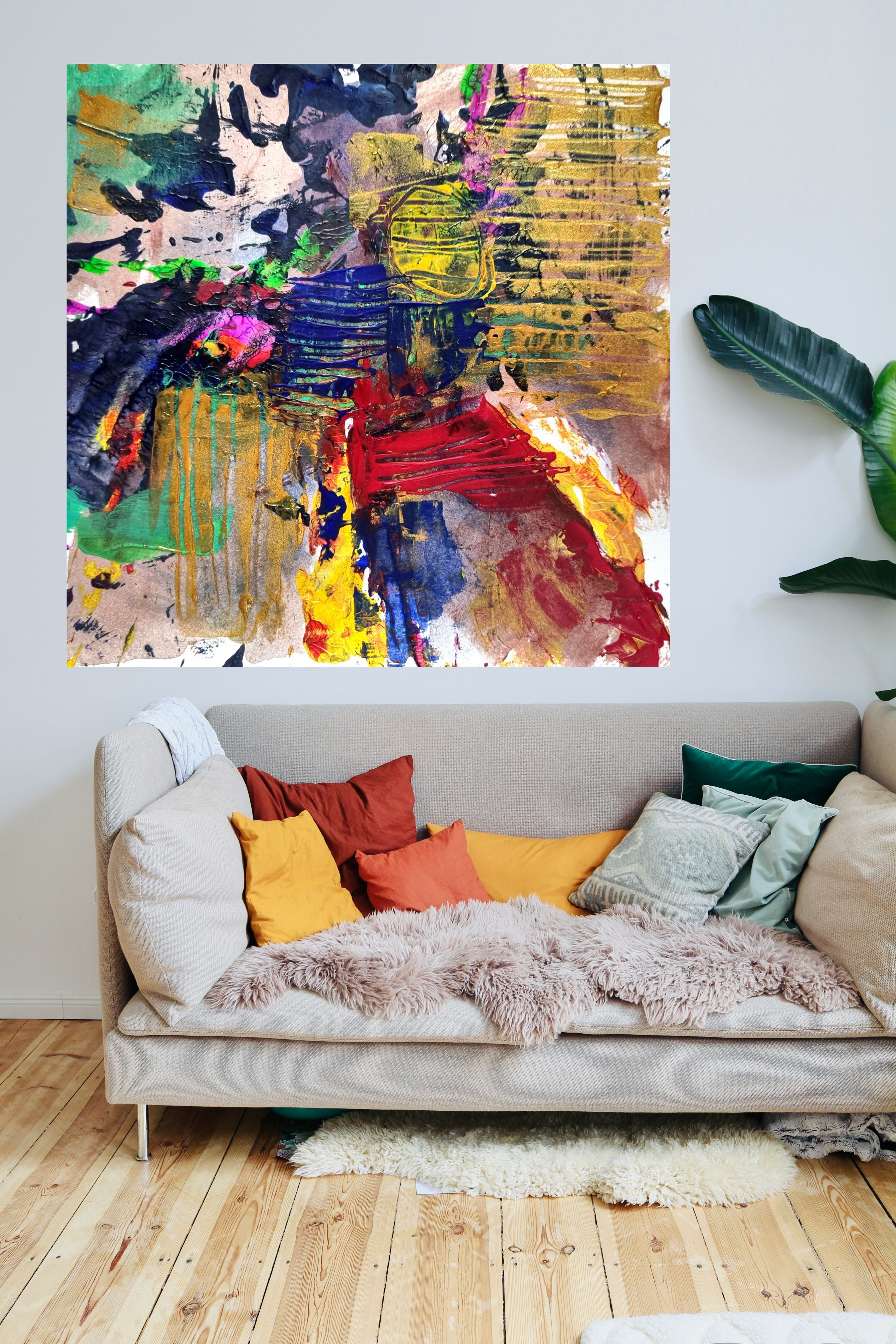 Red, Blue, and Gold Textured Abstract — art on the wall, room interior preview 3