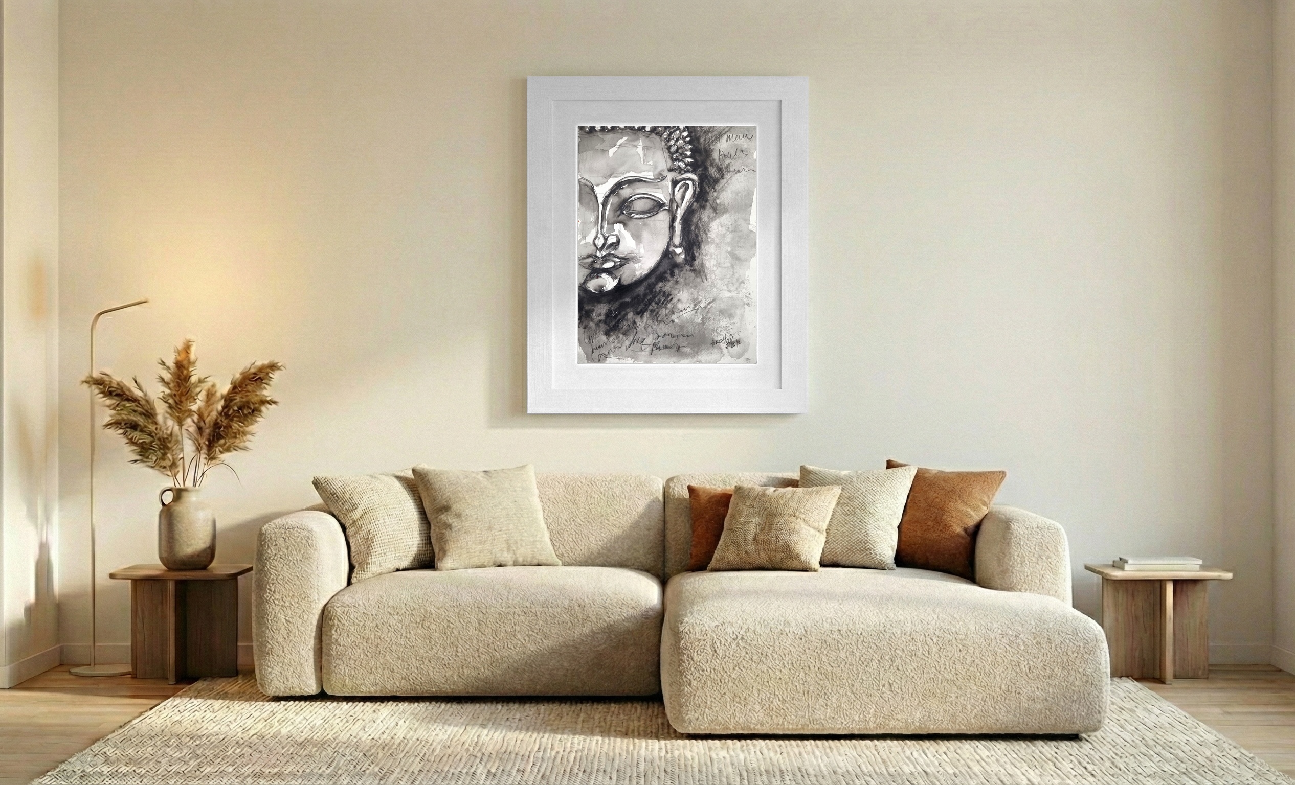 Monochrome Buddha Portrait in Ink — art on the wall, room interior preview 1
