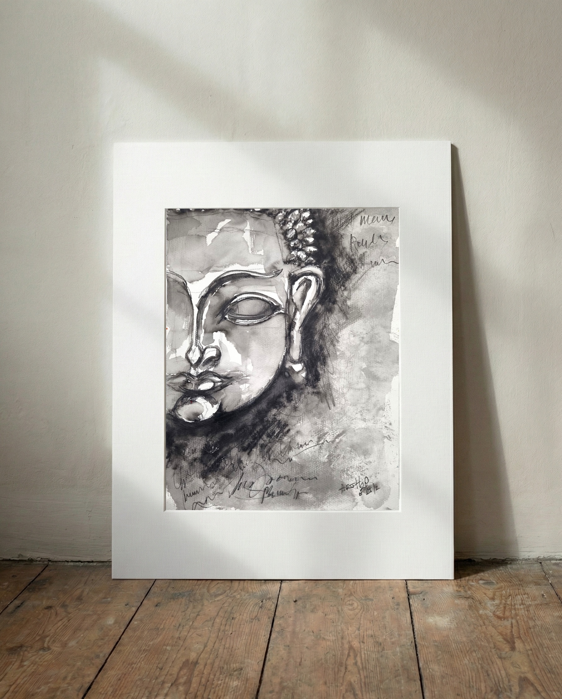 Monochrome Buddha Portrait in Ink — art on the wall, room interior preview 2